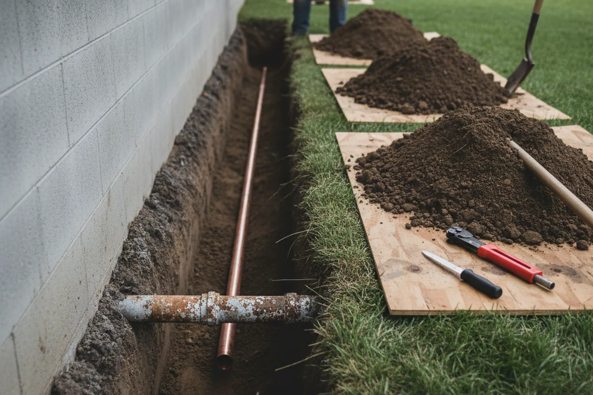 Excavated water line trench during Sewer Line Repair in Thomasville